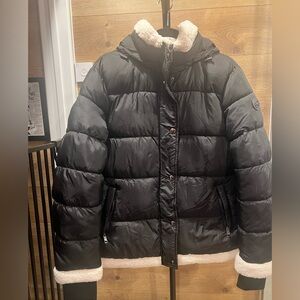 Michael Kors Black Puffer Jacket Sherpa Trim Hooded MK Patch Women’s Large